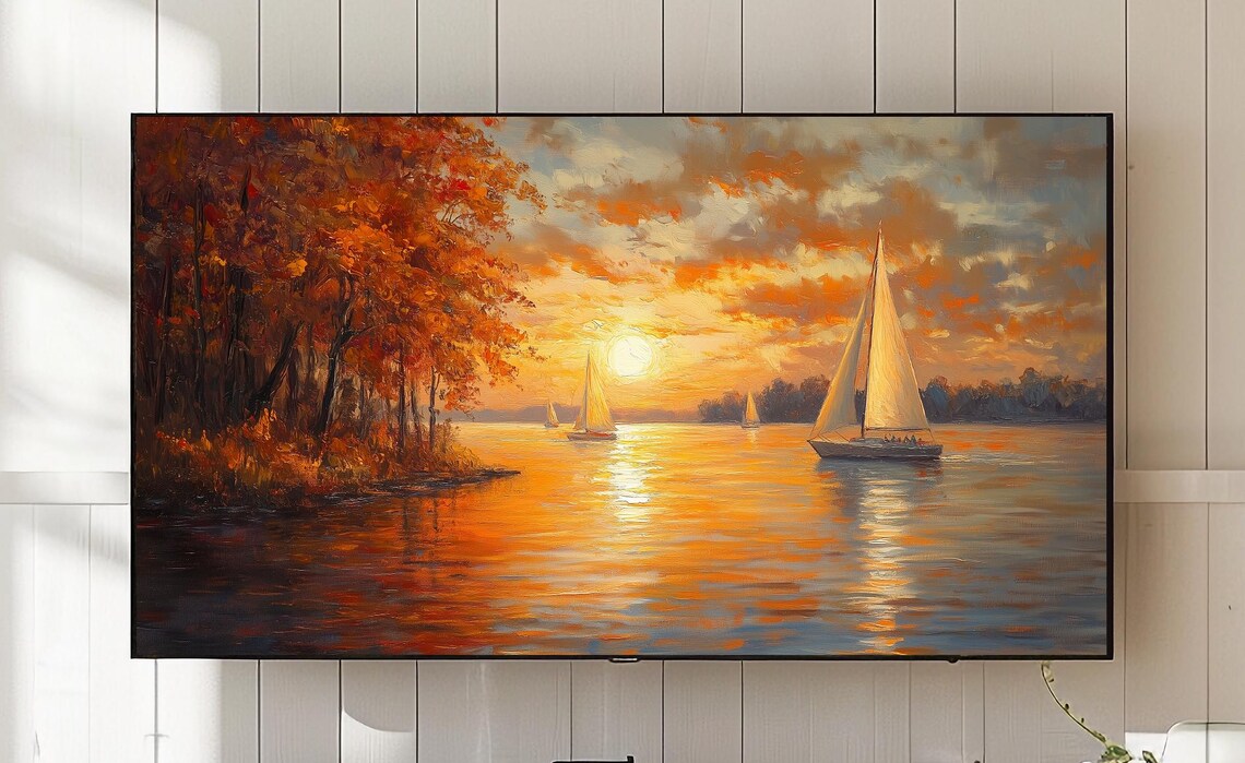 Autumn Harbor Sunset Painting Samsung Frame Tv Art 730