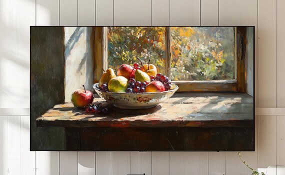 Fruit Bowl Windowsill Pears Grapes Still Life Oil Painting Poster
