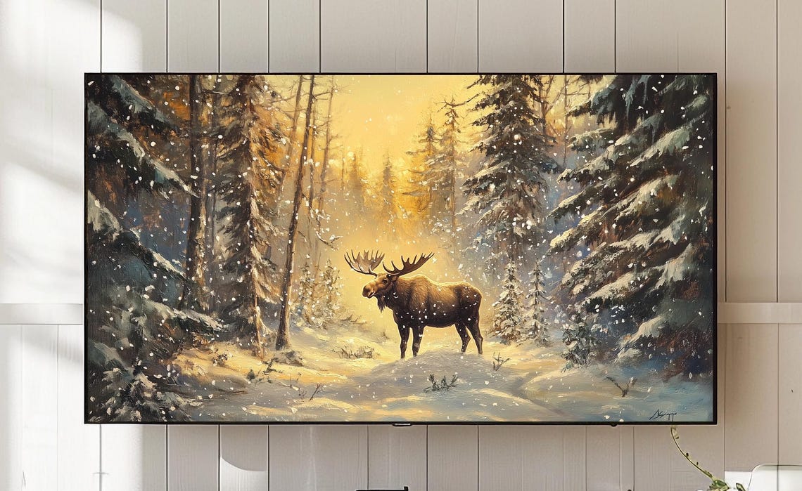Rustic Moose Winter Scene Snowy Pine Forest Frame Tv Art 803