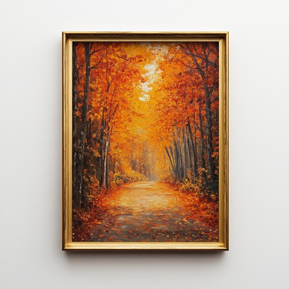 Autumn Forest Pathway Fiery Orange Leaves Golden Road Art Poster
