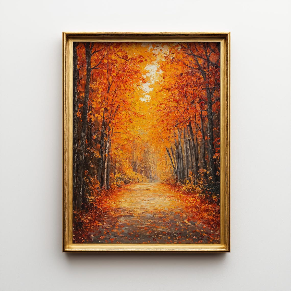 Autumn Forest Pathway Fiery Orange Leaves Golden Road Art Poster