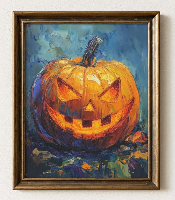 Moody Jackolantern Oil Painting Spooky Halloween Decor 686