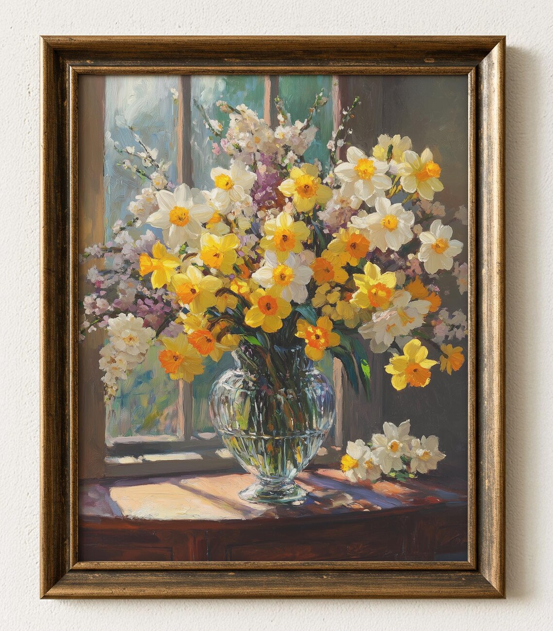 Daffodil Still Life Glass Vase Sunlit Window Vintage Art Print