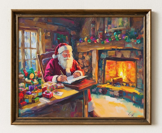 Santa Claus Writing by Fireplace Cozy Christmas Oil Art Poster
