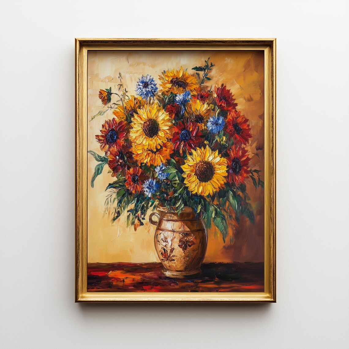 Rustic Sunflower Chrysanthemum Bouquet, Vintage Cottage Art Print