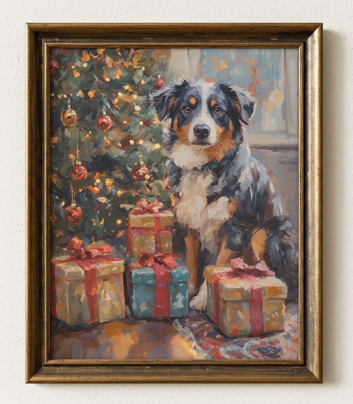 Australian Shepherd With Christmas Tree Festive Dog Art Poster
