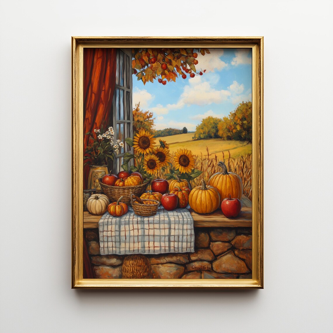 Harvest Windowsill Pumpkins Sunflowers Apples Overlooking Field Art Poster