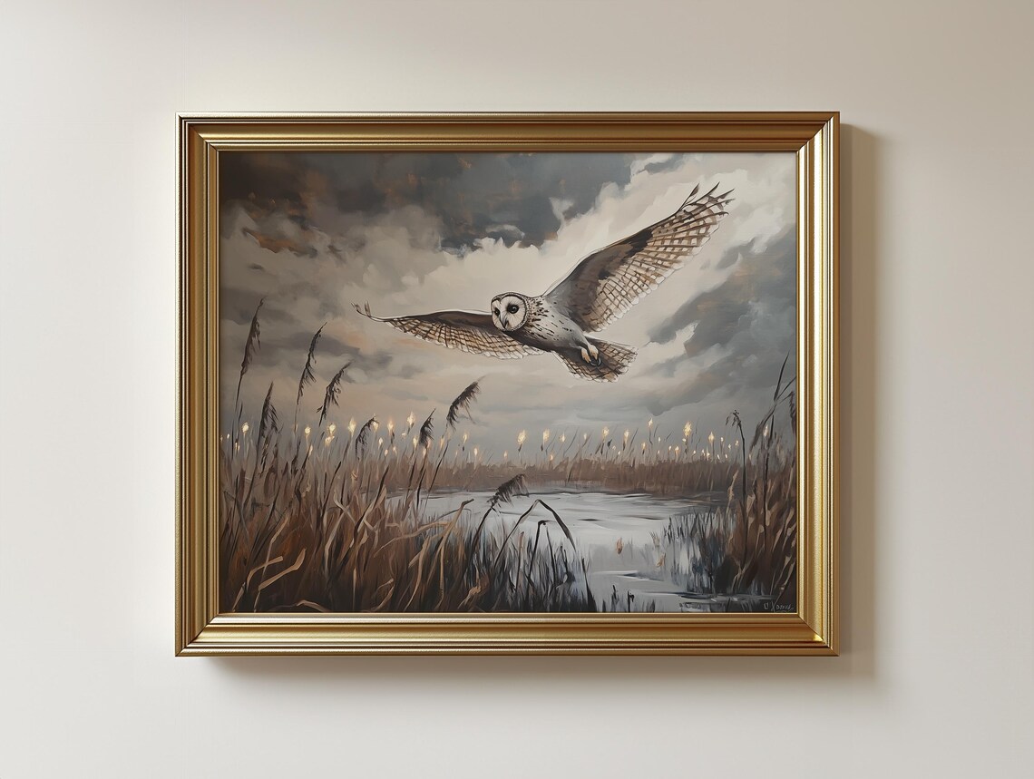 Vintage Owl Art Print, Autumn Marsh Landscape