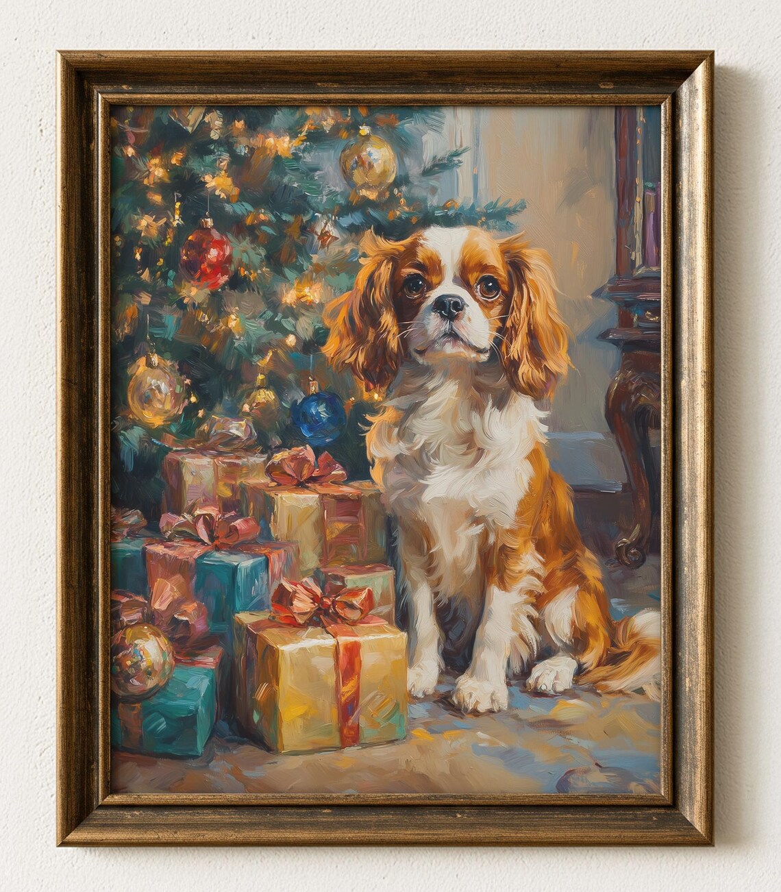 Cavalier King Charles Spaniel Christmas Painting, Art Print