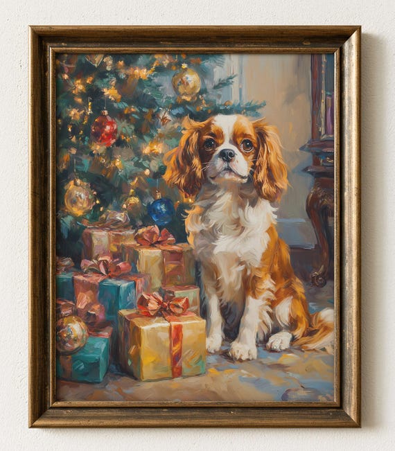 Cavalier King Charles Spaniel Christmas Painting, Art Print