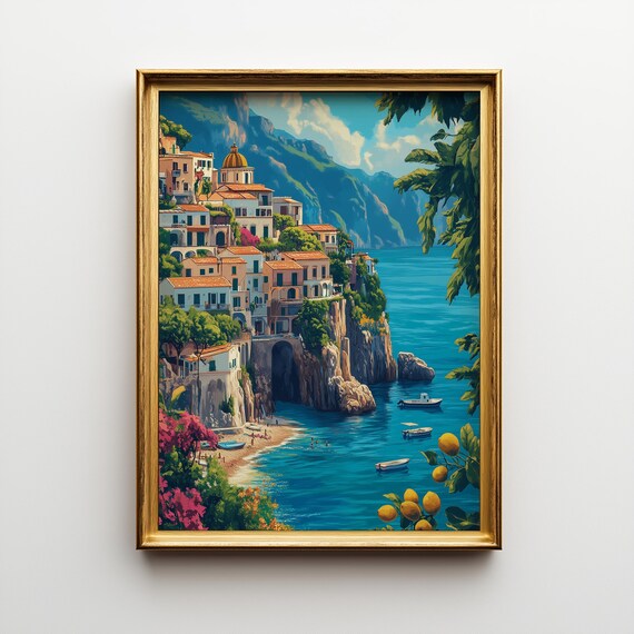 Amalfi Coast Print Vintage Italian Seaside Painting 183