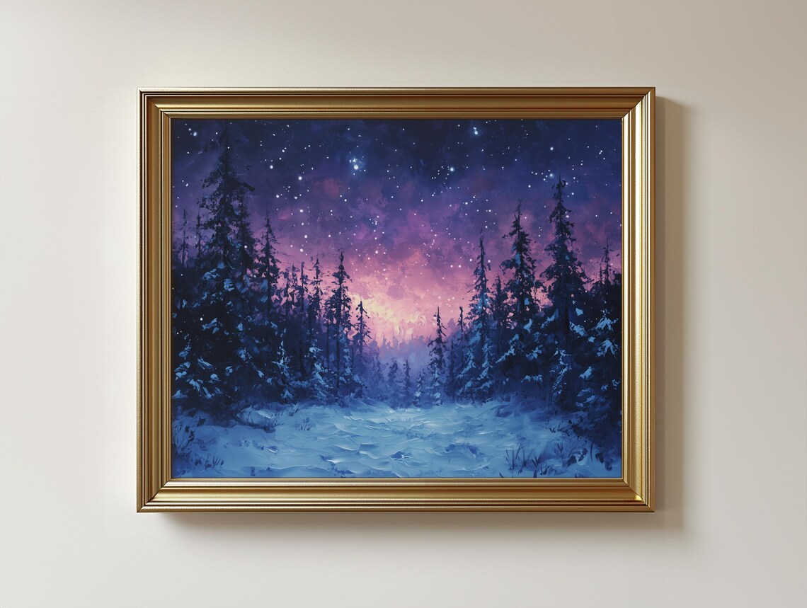 Snowy Forest Dusk, Rustic Winter Landscape Art Print