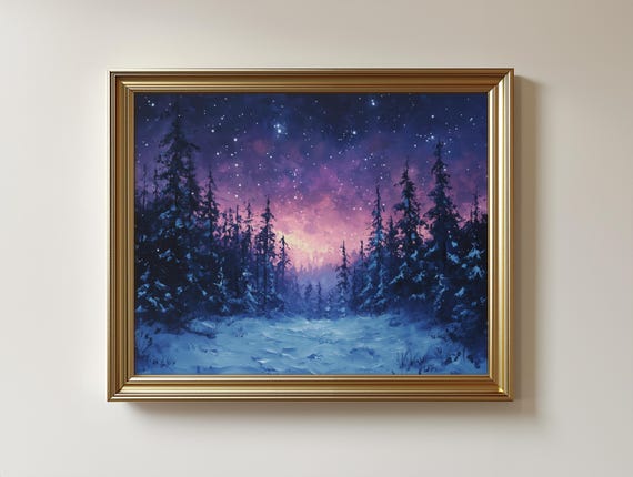 Snowy Forest Dusk, Rustic Winter Landscape Art Print