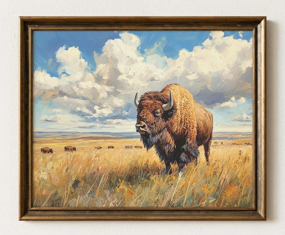 Rustic Bison In Golden Prairie Western Farmhouse Landscape Earthy Blue Sky Sunlit Grass Textured Brushstrokes Art 1034