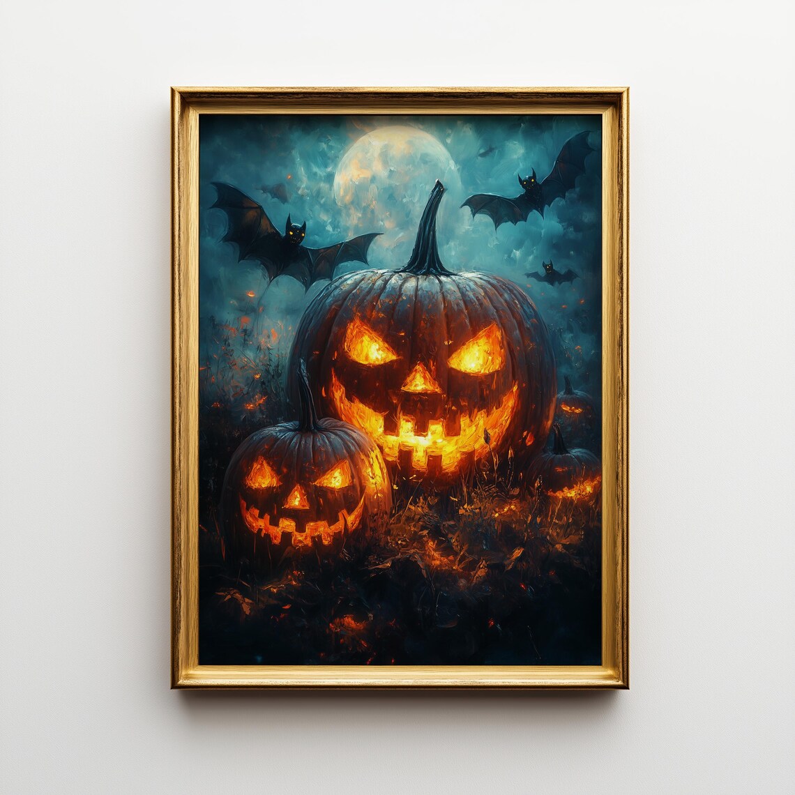 Halloween Pumpkin Patch, Spooky Jack O'Lanterns Moonlit Night