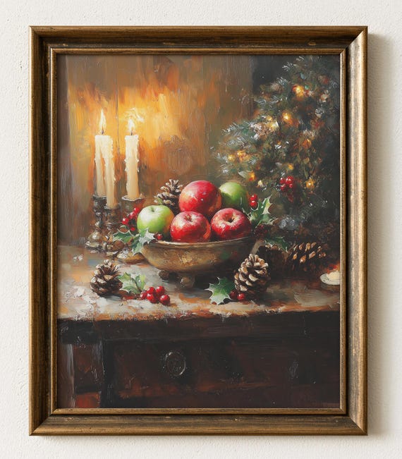 Vintage Christmas Table Painting Candlelit Holiday Decor Wall Art 672