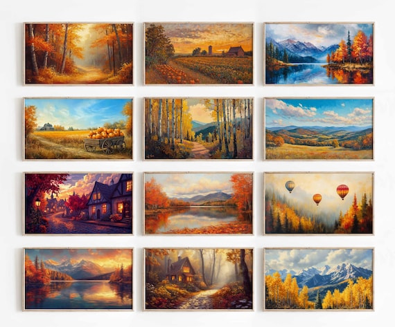 Set of Twelve Autumn Landscape Paintings Fall Gallery Wall Art