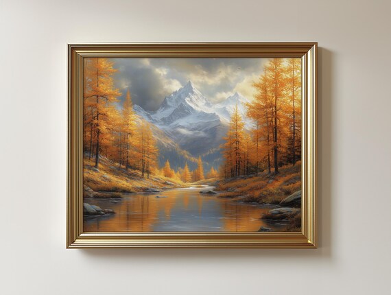 Autumn Mountain Valley Print Golden Trees Rustic Fall Landscape 96