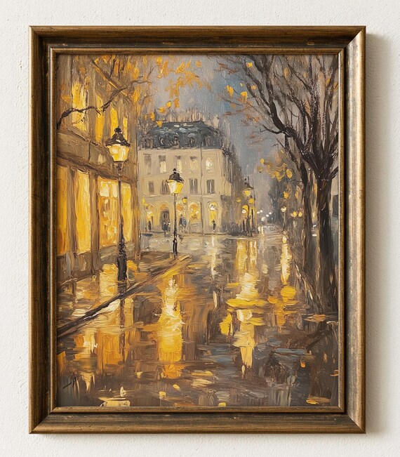 Autumn Rainy Town Square, Vintage Urban Landscape
