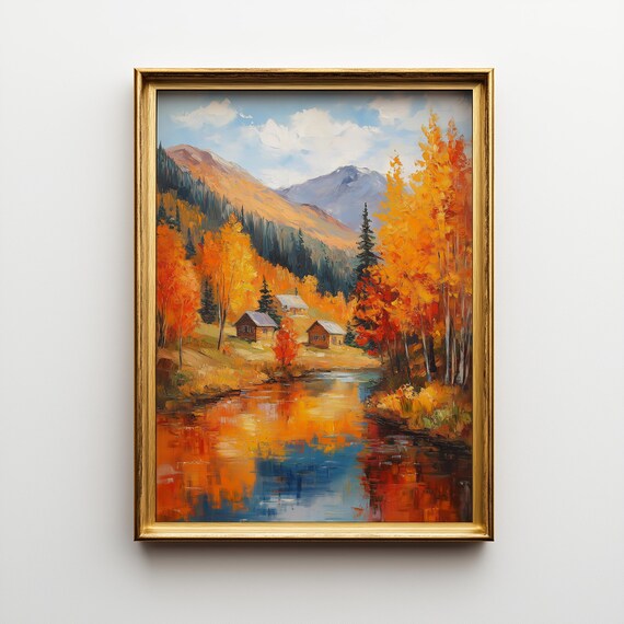 Autumn Mountain Valley Painting Fall Foliage Cabin Scene 537