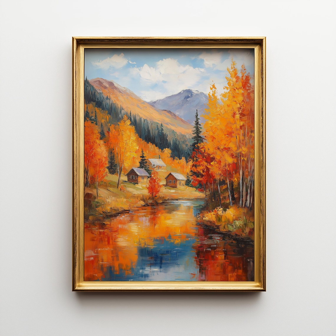 Autumn Cabins by River Golden Aspen Mountain Oil Painting Poster