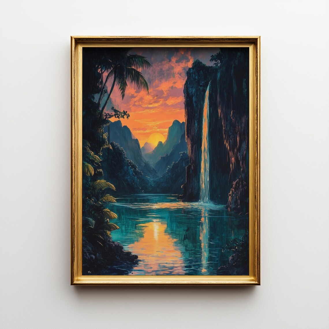 Tropical Sunset Waterfall, Paradise Landscape Art Print