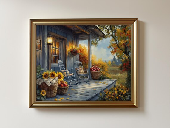 Autumn Porch Scene Art Print, Rustic Country Cottage Decor