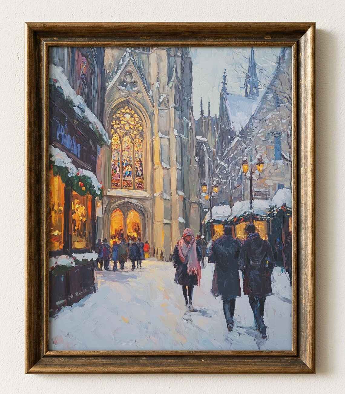 Glowing Winter Cathedral Snowy Street Night Oil Painting Poster