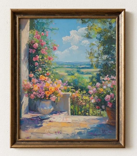 Sunny Garden Terrace Roses Overlooking Valley Impressionist Poster