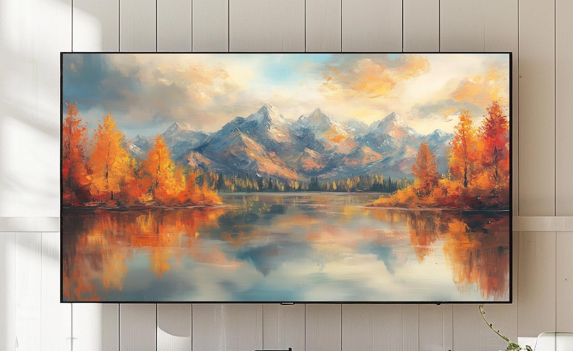 Autumn Mountain Lake Snow Peaks Reflection Oil Painting Poster