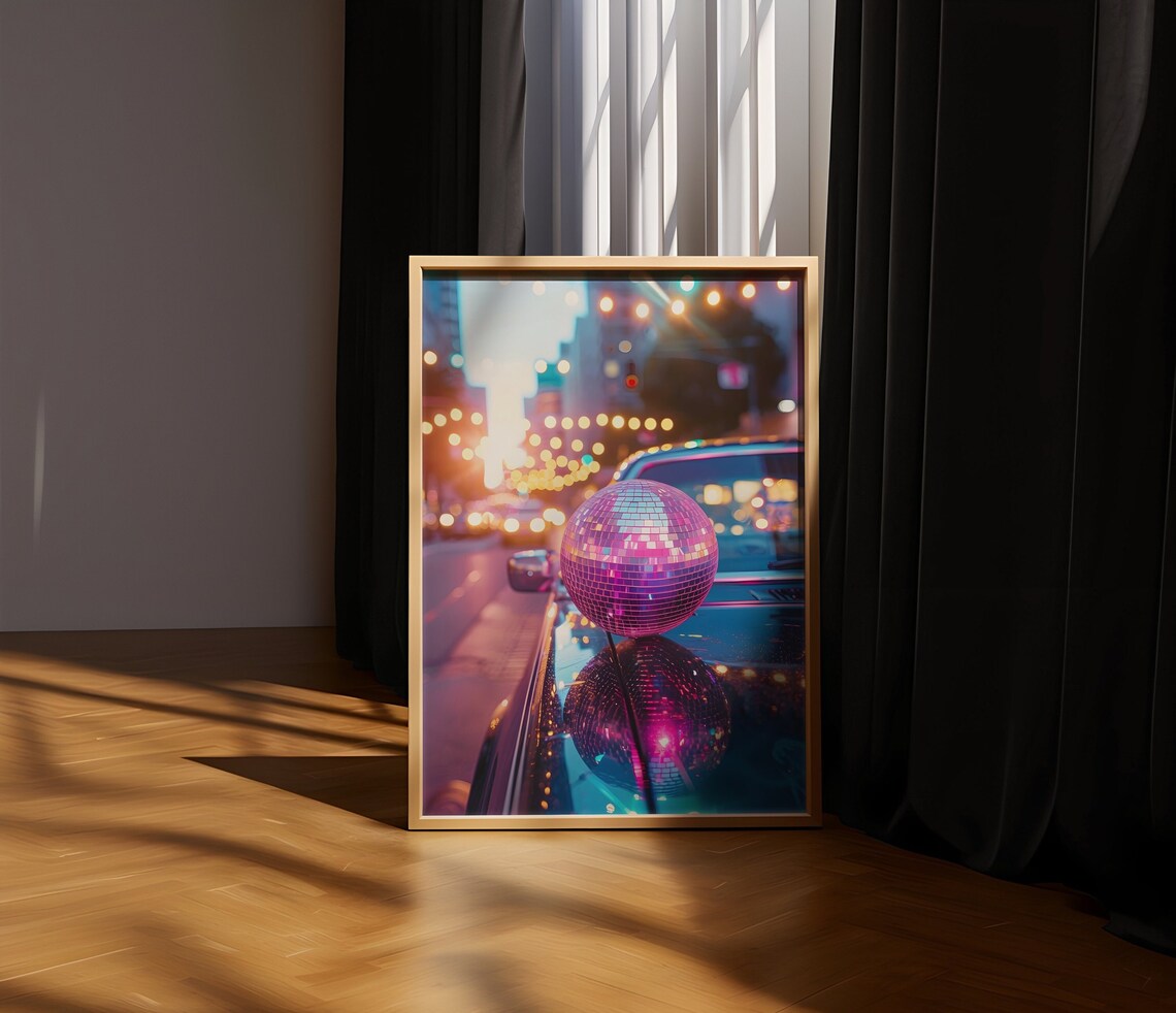 Disco Ball On A Classic Car Hood Under City Lights At Night Poster - Image 2