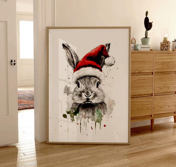 Christmas Rabbit Print Water Color Rustic Farmhouse Print Christmas Art Xmas Prints Cute Christmas Bunny Print Holiday Decor