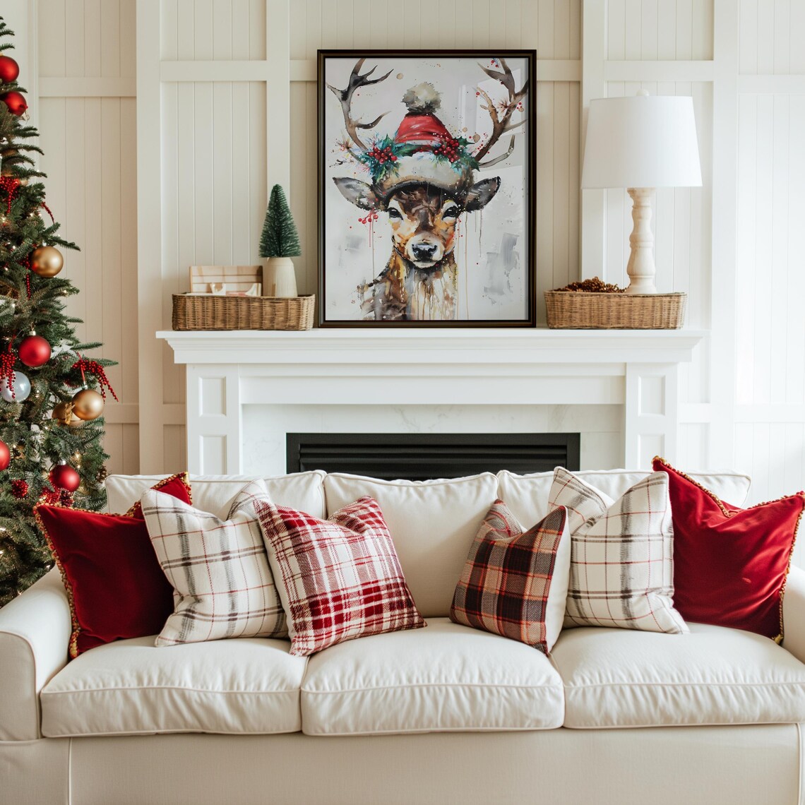 Reindeer In Santa Hat Watercolor Festive Deer Christmas Art Poster - Image 3