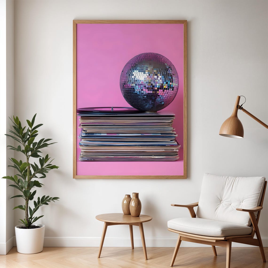 Disco Ball Stack Of Vinyl Records Pink Retro Music Room Wall Poster - Image 5
