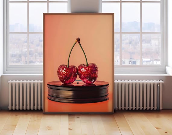 Retro Cherry Music Poster Vintage Vinyl Wall Art Disco Ball Funky Print Music Wall Art Trendy Decor Large Print Diy Art
