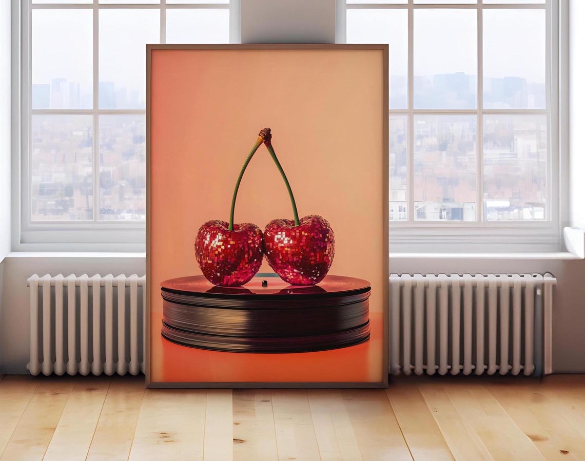 Glittering Disco Cherries On Stacked Vinyl Records Orange Glow Poster