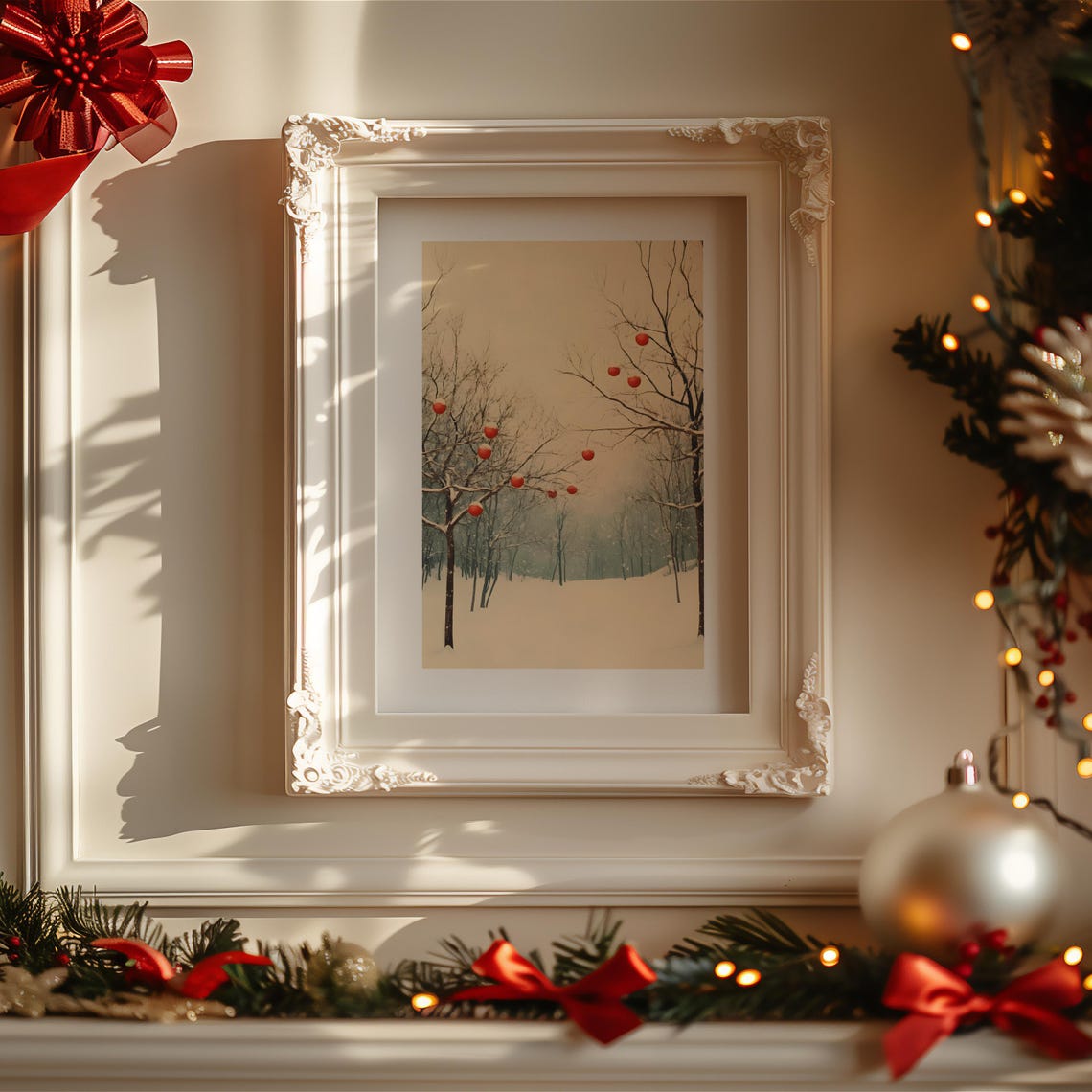 Winter Trees With Red Christmas Ornaments Minimalist Holiday Poster - Image 2