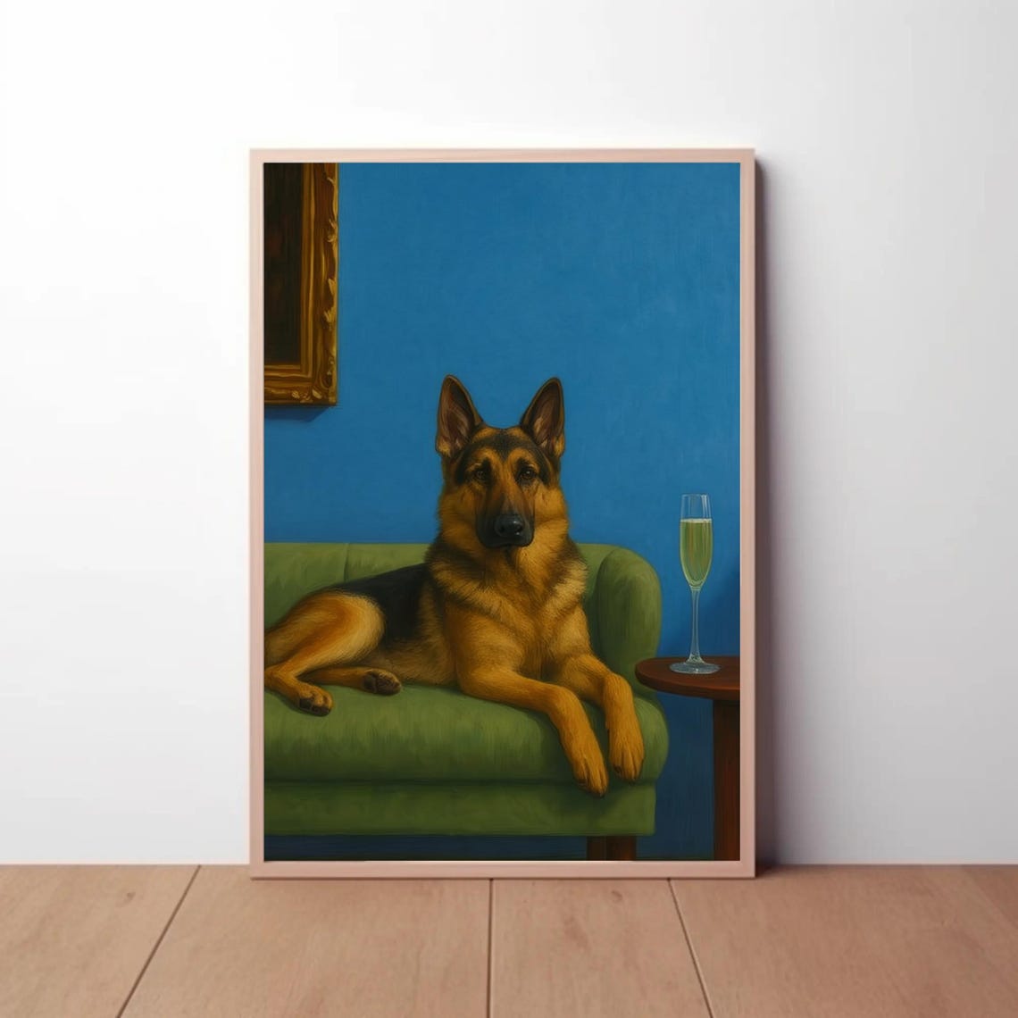 German Shepherd Lounging Green Sofa Champagne Dog Portrait Poster