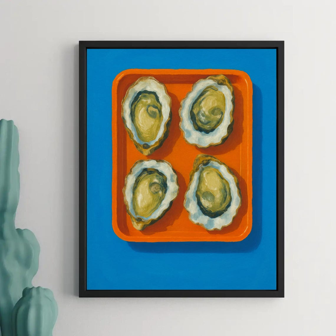 Fresh Oysters On Orange Tray Bold Blue Modern Seafood Art Poster