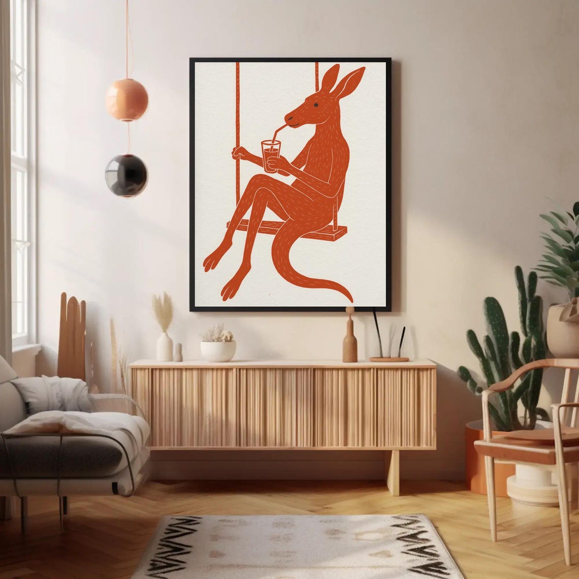 Kangaroo Drinking Art Print Whimsical Animal Illustration Rustic Folk Style Wall Decor