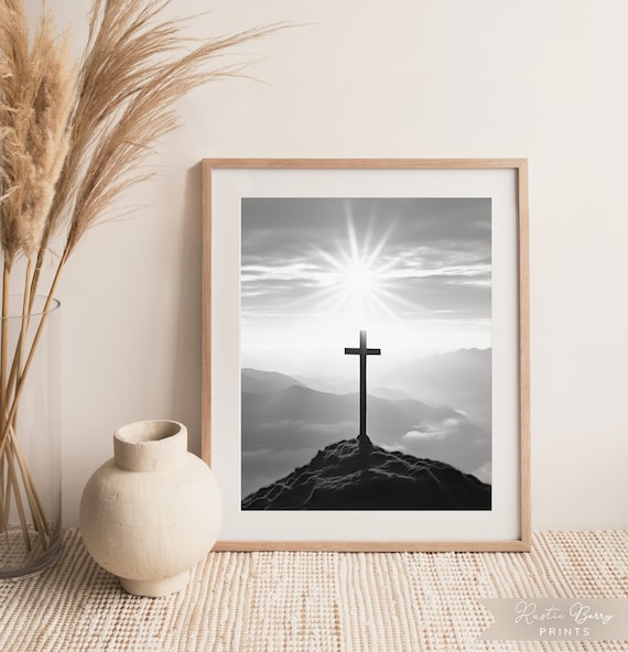 Cross On A Hilltop With Sunburst Black And White Faith Religious Poster