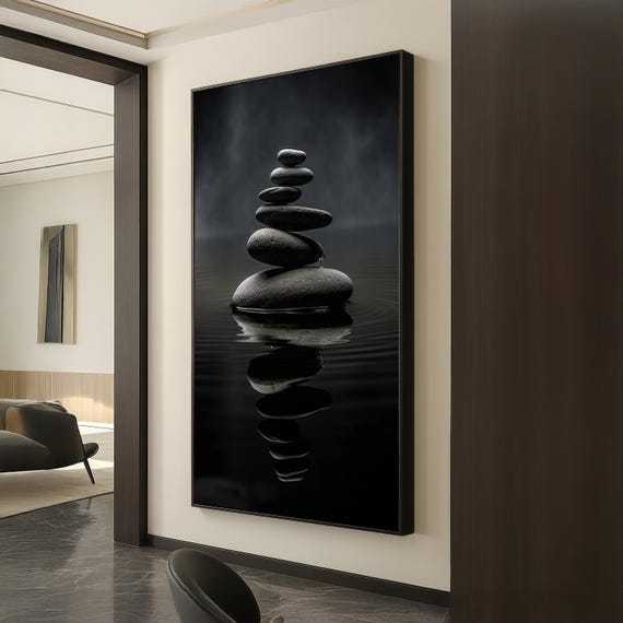 Dark Zen Stones Minimalist Balance Rocks Art Print