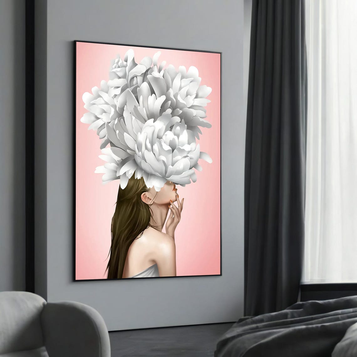 White Flower Head Pink Background Floral Surreal Bloom Art Poster