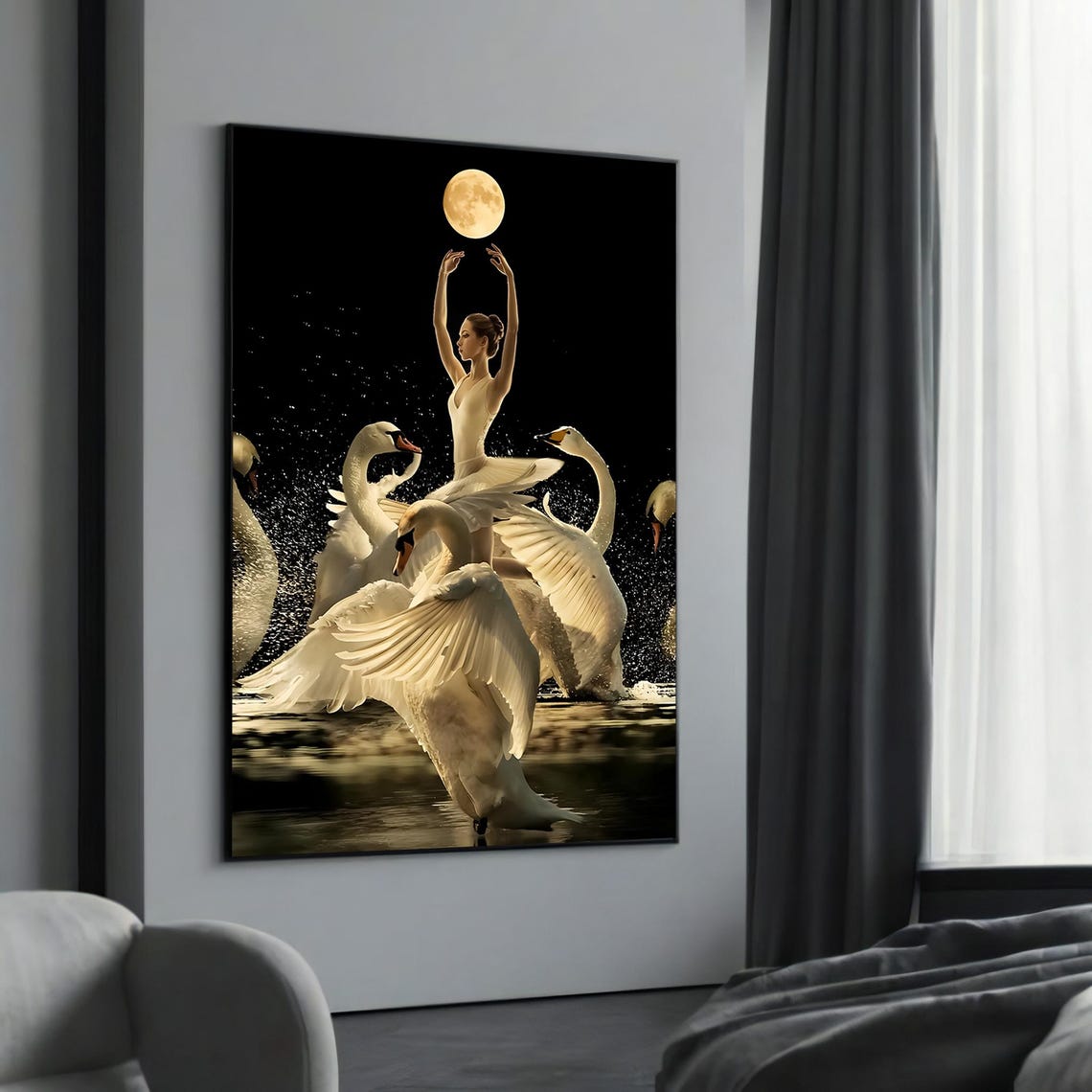 Ballet Dancer Among White Swans Under a Golden Moon Night Poster