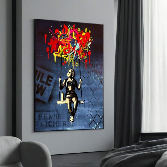 Colorful Graffiti Canvas Art With Girl On Swing Banksyinspired Modern Street Vibrant Urban Wall Decor For Contemporary Spaces