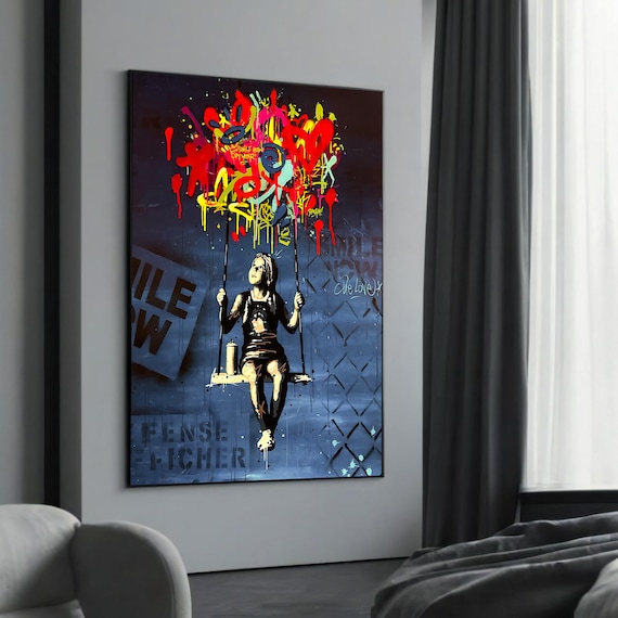 Girl on Swing with Graffiti Burst Blue Night Banksy Inspired Poster