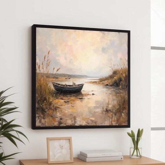 Tranquil Rowboat Quiet River Banks Impressionist Style Art Poster