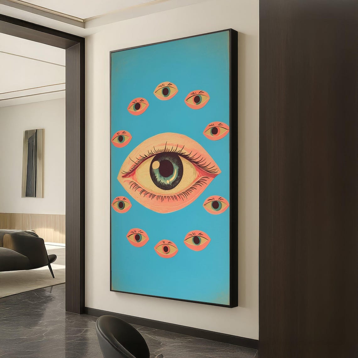 Pop Art Floating Eyes Turquoise Background Retro Style Wall Art