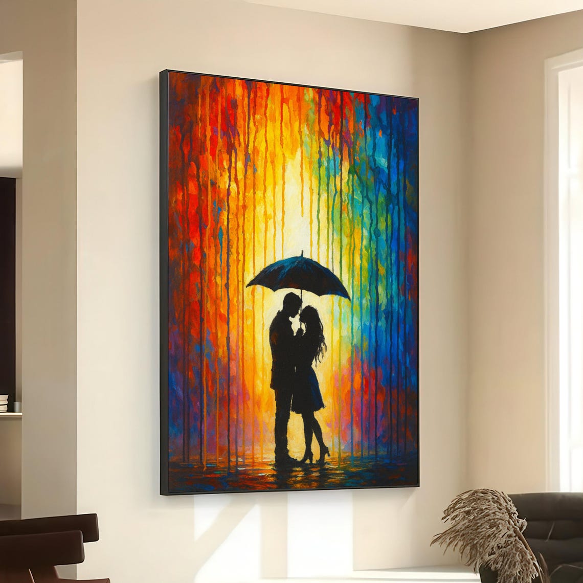 Romantic Couple Under Umbrella Colorful Rain Silhouette Art Poster