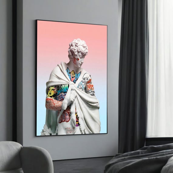 Graffiti Tattooed Statue Canvas Painting Gift Unique Modern Art For Contemporary And Bold Home Decor